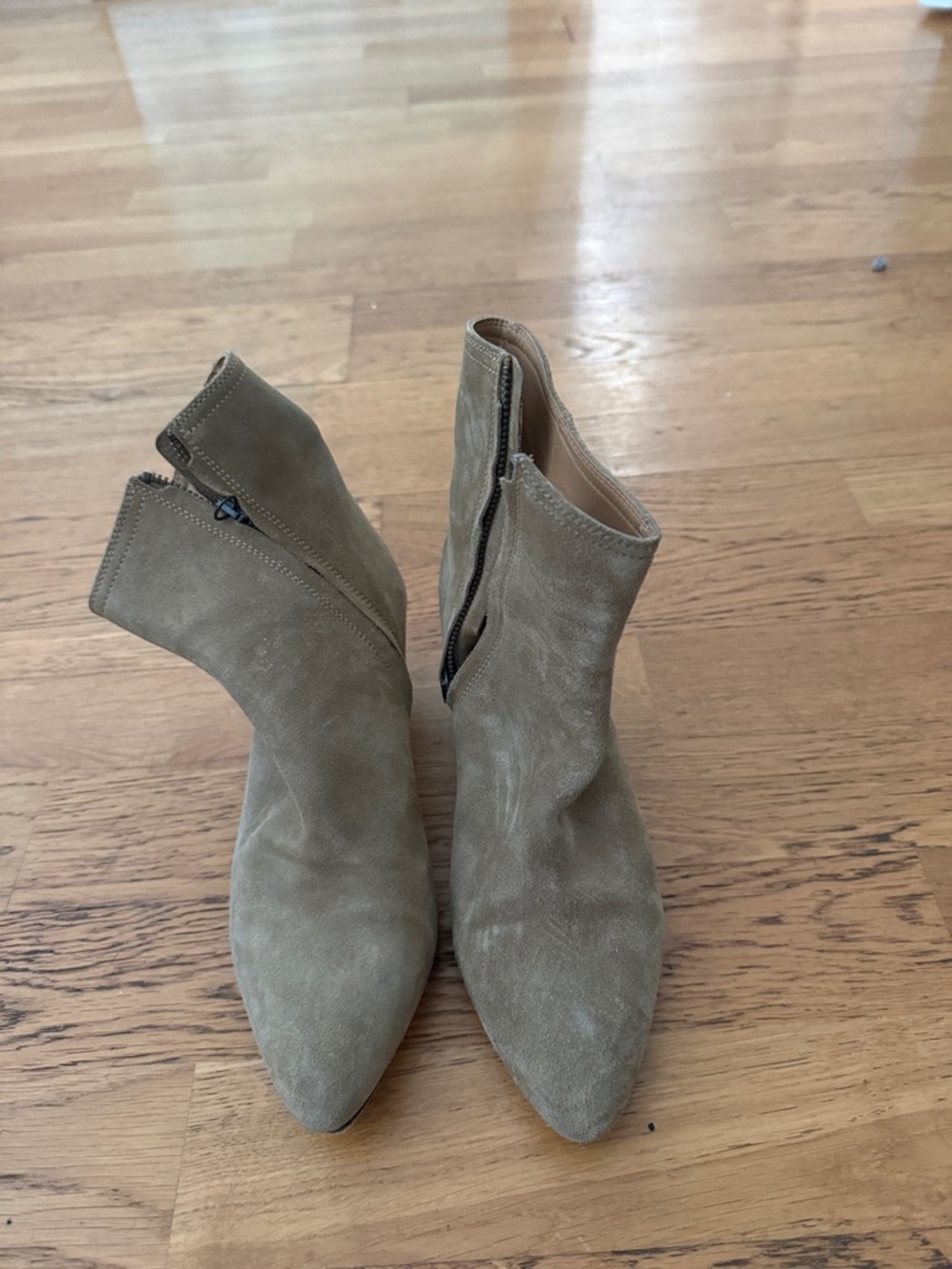Suede Pointed-Toe Ankle Booties in Taupe